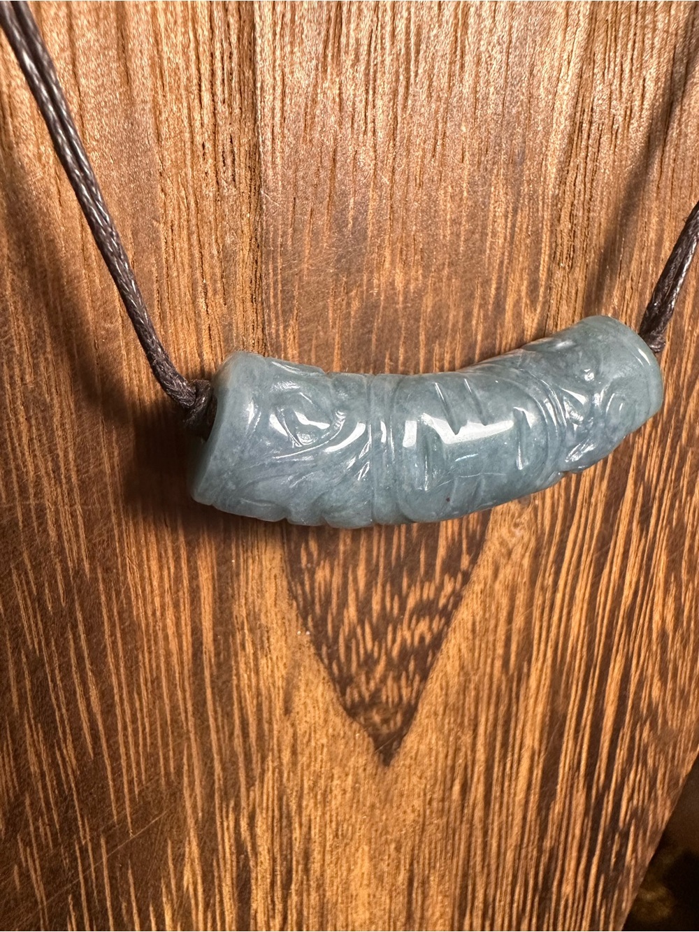 Green Jade Barrel Necklace on Brown Rope - Picture 14 of 16